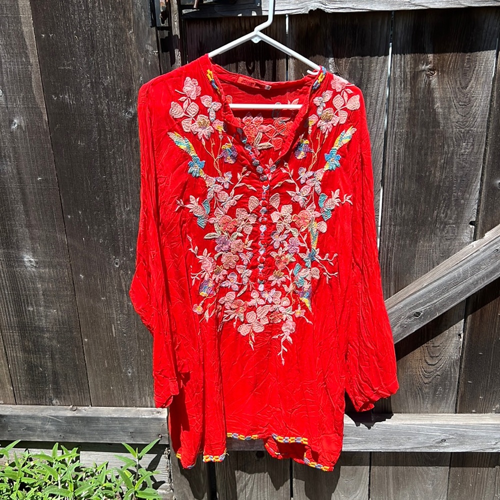 Johnny Was Red Embroidered Floral Tunic
